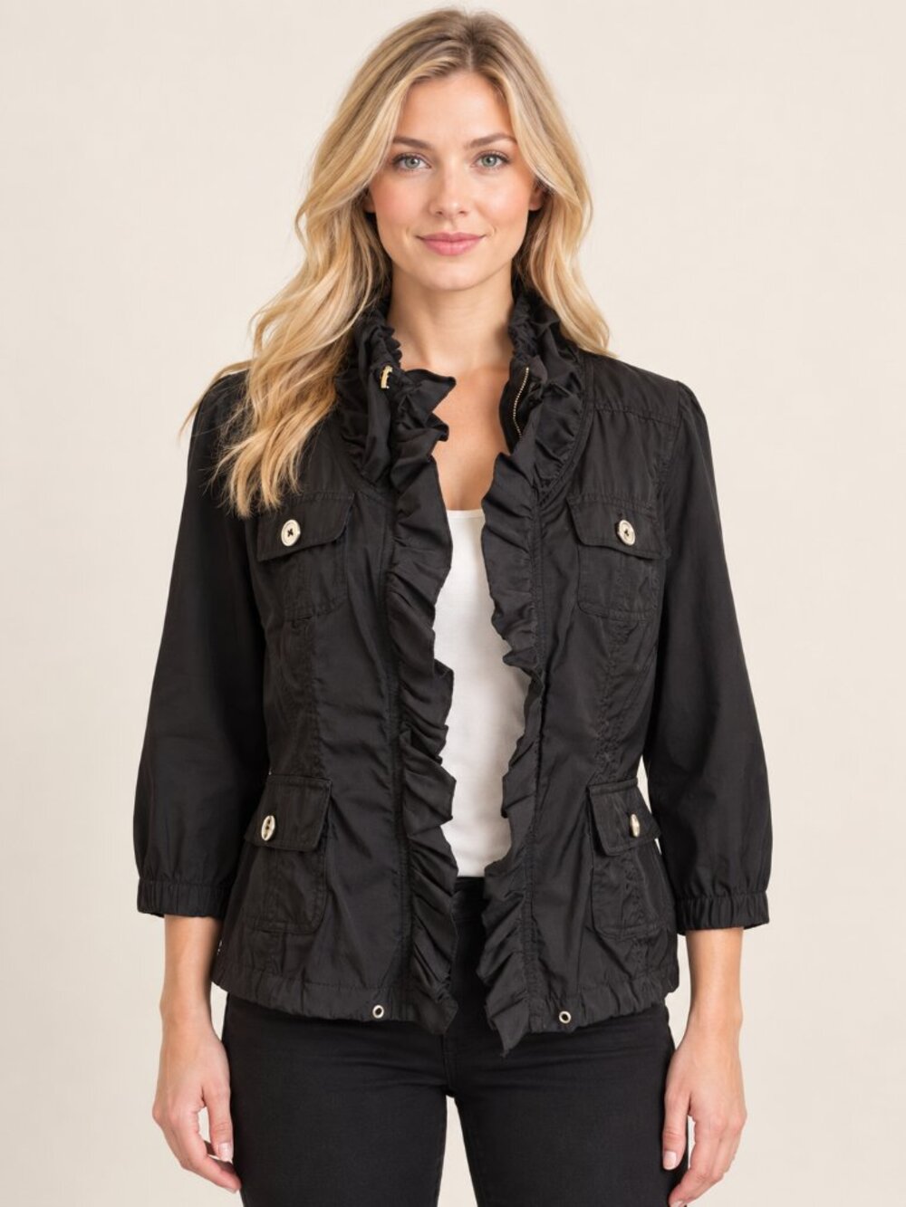 White House Black Market Black Ruffle Utility Jacket Size 4 Military 3/4 Sleeve